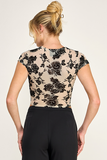 Mesh Round Neck Short Sleeve Crop Top - Beige -