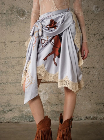 Western Print Lace Trim Wrap Skirt - Baby Blue -