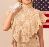 Sheer Floral Mock Neck Lace Crop Top - Beige -