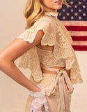 Sheer Floral Mock Neck Lace Crop Top - Beige -