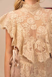Sheer Floral Mock Neck Lace Crop Top - Beige -