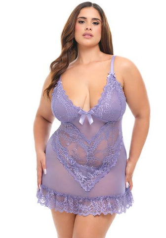 Soft Cup Lace Babydoll and G-String - Purple Haze -