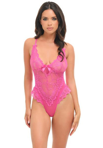 Valentine Soft Cup Lace Teddy with  Bow Details - Rose Violet -