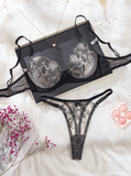 Midnight Embroidered Bra and Thong Set - Black -