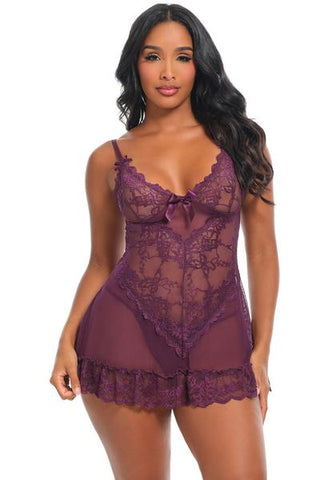 Soft Cup Lace Babydoll and G-String - Potent Purple -