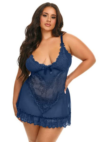 Soft Cup Lace Babydoll with G-String - Estate Blue -