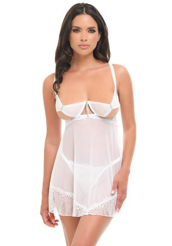 Clarinda Peek-a-boo Babydoll and G-String - Bright White -