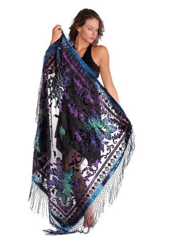 Square Burnout Velvet Scarf - Blue Multi