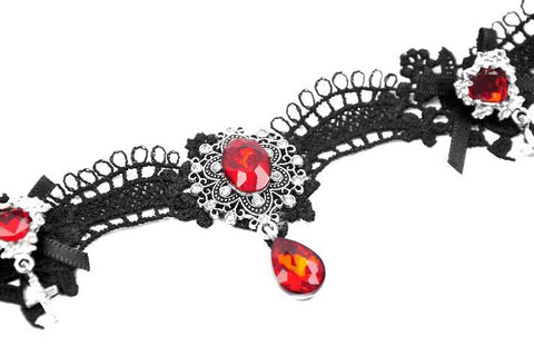 Gothic Red Gem Cross Lace Choker