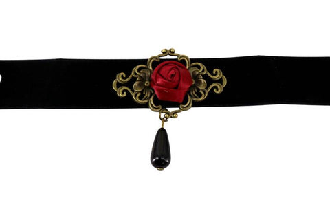 Red Rose Choker with Black Dangling Gem