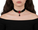 Red Rose Choker with Black Dangling Gem