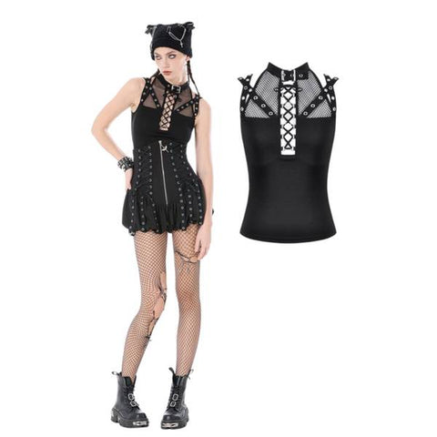 Dark in Love Fishnet Punk Mesh Strap Lace-Up Top - Black -