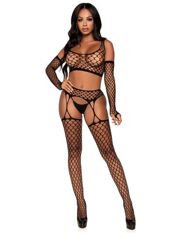 Get Into It Crop Top and Garter Stockings Set - Black - One Size