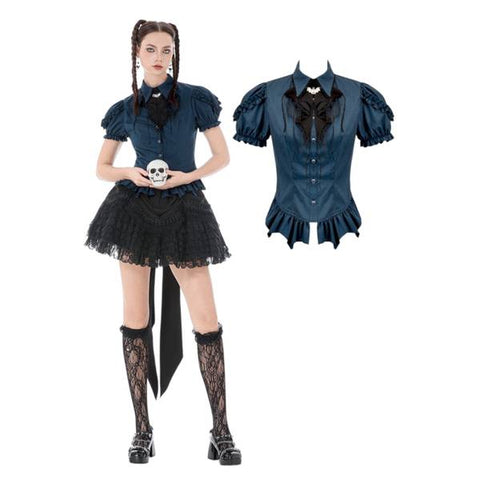 Gothic Pinstripe Puff Sleeved Shirt with Detachable Bat Bow Tie - Blue/Black -
