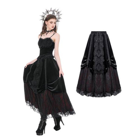Gothic Floral Lace Ruched Velvet Long Skirt - Black - One Size