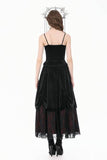 Gothic Floral Lace Ruched Velvet Long Skirt - Black - One Size