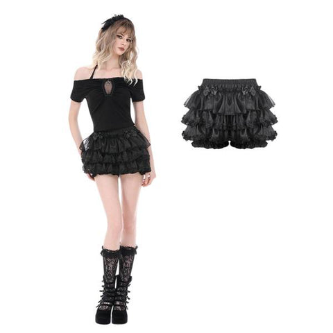 Bowknot Lace-Trimmed Tiered Shorts - Black - One Size