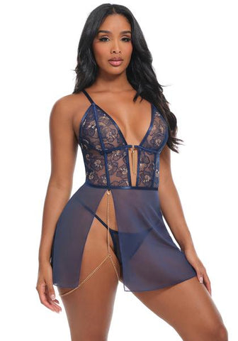 Bleu Babydoll and G-String - Estate Blue/Frosted Almond -
