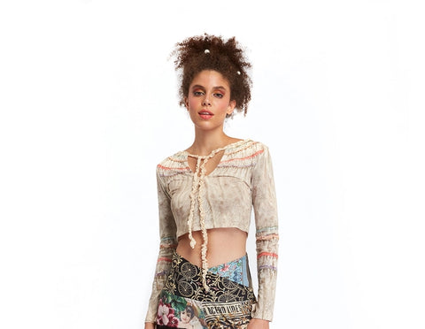 Fortune in Flowerland Cropped Long Sleeve Top - Cream -