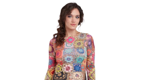 Hot Shot Crochet Long Sleeve Cropped Top - Multi -