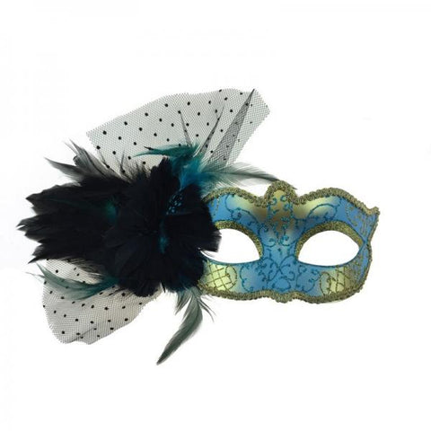 Sky Blue - Venetian Mask with Feather Aside