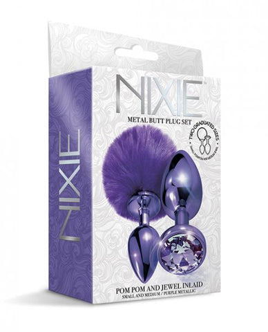 Nixie Metal Butt Plug Set w/Jewel Inlaid & Pom Pom - Purple Metallic BB Store Nixie Metal Butt Plug Set w/Jewel Inlaid & Pom Pom - Purple Metallic BB Store