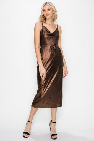 Eza Metallic Cowl Neck Slip Dress - Copper -