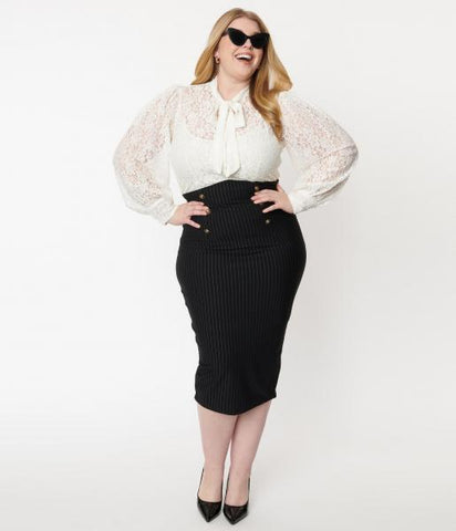 Pinstripe High Waist Sierra Pencil Skirt - Black -