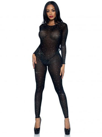 Sheer Rhinestone Catsuit - Black -