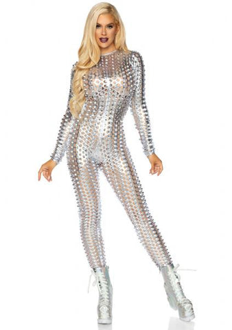 Laser Cut Metallic Catsuit - Silver -