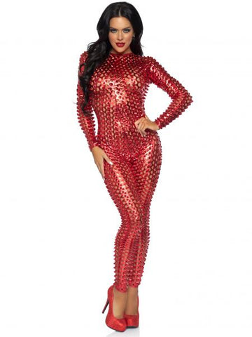 Laser Cut Metallic Catsuit - Red -