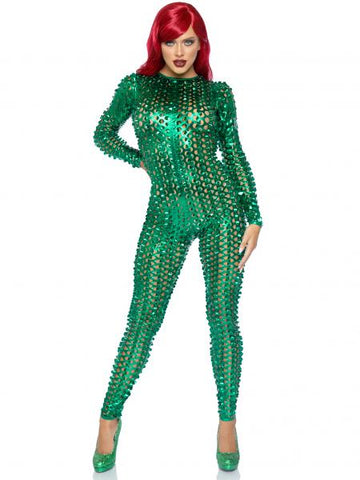 Laser Cut Metallic Catsuit - Green -