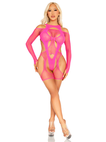 About Last Night Harness Bodysuit Set - Neon Pink - One Size