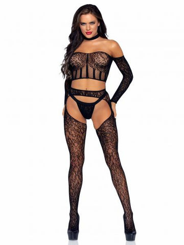 Into You Lace Crop Top Set - Black -