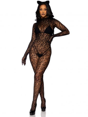 Gloved Leopard Catsuit - Black - One Size