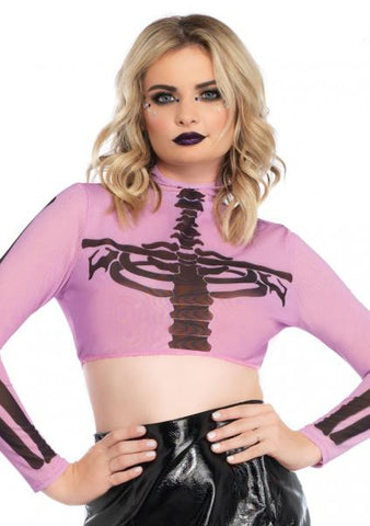 Skeleton Long Sleeve Crop Top - Purple/Black -