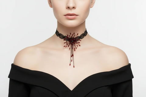 Black Lace Choker With Red Pearl Petals