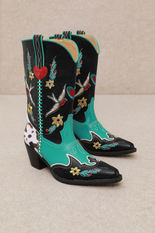 Elsie Western-Inspired Embroidery Cowgirl Boot - Black/Turquoise -