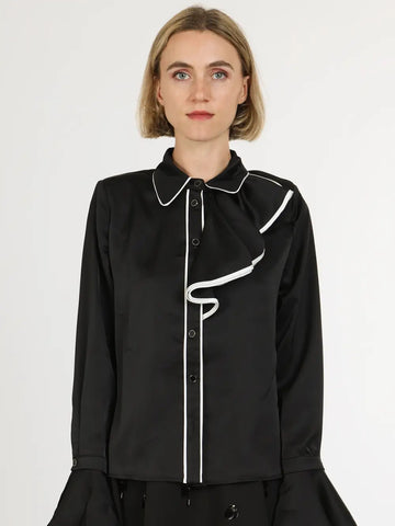 Contrast Trim Asymmetrical Ruffles Satin Blouse - Black -