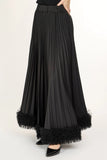 High-Waist Pleated with Tulle Trim Maxi Skirt - Black -