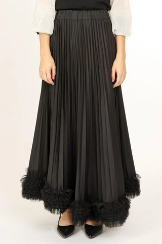 High-Waist Pleated with Tulle Trim Maxi Skirt - Black -
