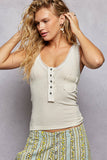 Ribbed Knit Lace Border Trim V Neck Sleeveless Top - Cream -
