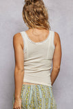 Ribbed Knit Lace Border Trim V Neck Sleeveless Top - Cream -