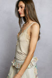 V-Neck Eyelash-Lace Trim Solid Knit Rib Cami Top - Sand -