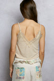 V-Neck Eyelash-Lace Trim Solid Knit Rib Cami Top - Sand -