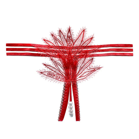Open Crotch G-String with Pearls - Red - One Size