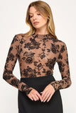 Flower Dot Flocking Mesh Long Sleeve Bodysuit - Mocha/Black -