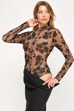 Flower Dot Flocking Mesh Long Sleeve Bodysuit - Mocha/Black -
