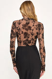 Flower Dot Flocking Mesh Long Sleeve Bodysuit - Mocha/Black -