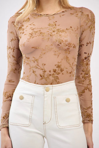 Long Sleeve Boat Neck Bodysuit - Brown -